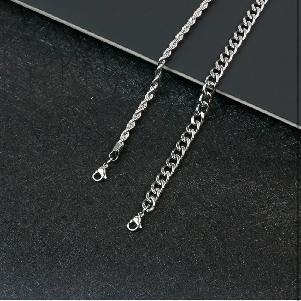 Silver Cuban Chain Bracelet Set, Waterproof Stainless Steel, Adjustable